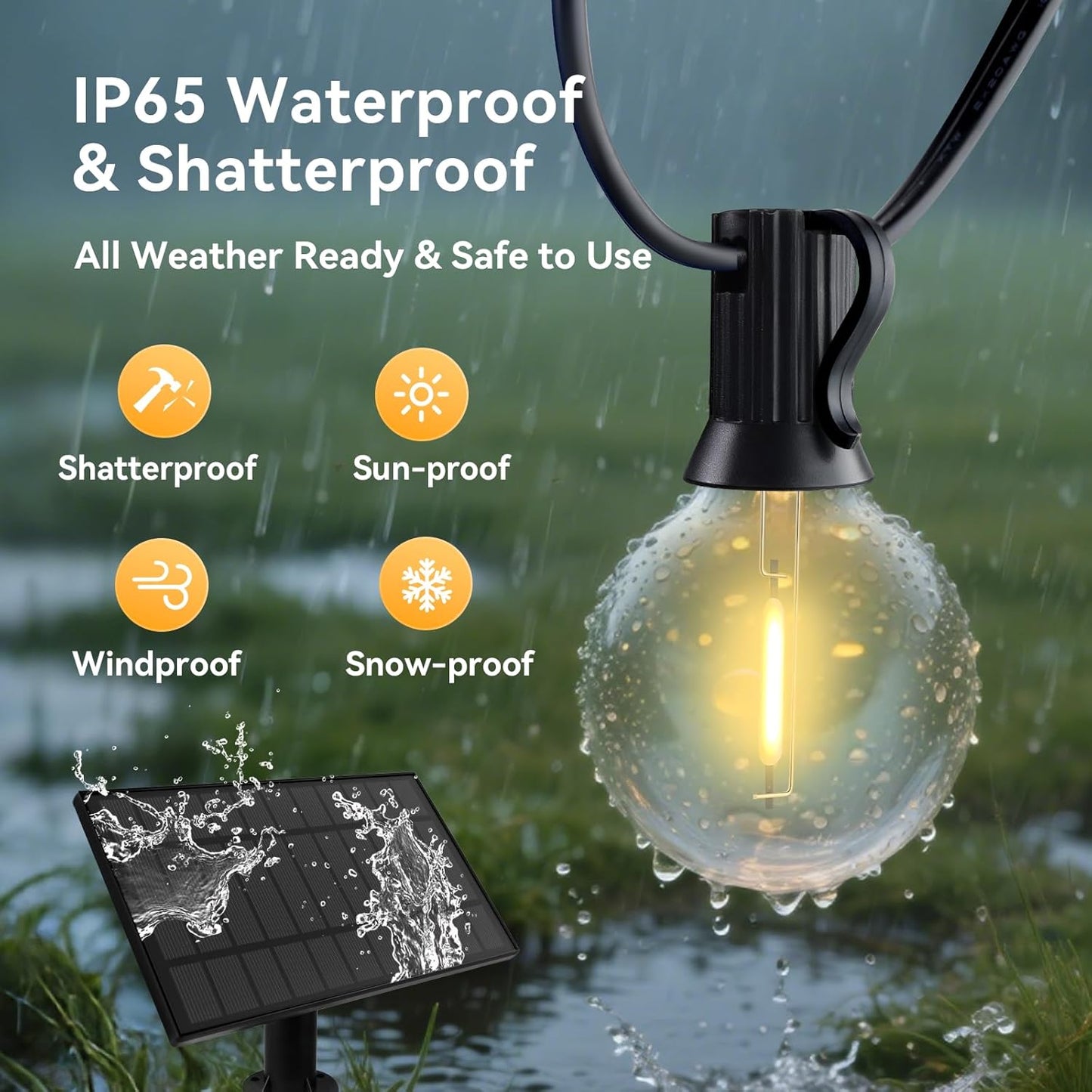 HJQ 120FT(60x2) Solar String Lights Waterproof, Patio Lights Solar Powered with Remote & USB Port, 40+2 LED Shatterproof Bulbs, 3 Modes, Dimmable Solar Lighting Hanging for Camping Backyard Garden