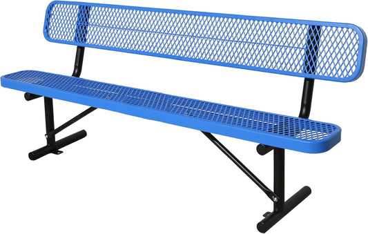 8FT Heavy Duty Park Bench with Back Portable Frame, Outdoor Steel Bench with Backrest, Outdoor Park Bench Expanded Metal Mesh Bench for Lawn, Park, Deck, Garden, Patio, Porch, Black (Blue, 8FT)