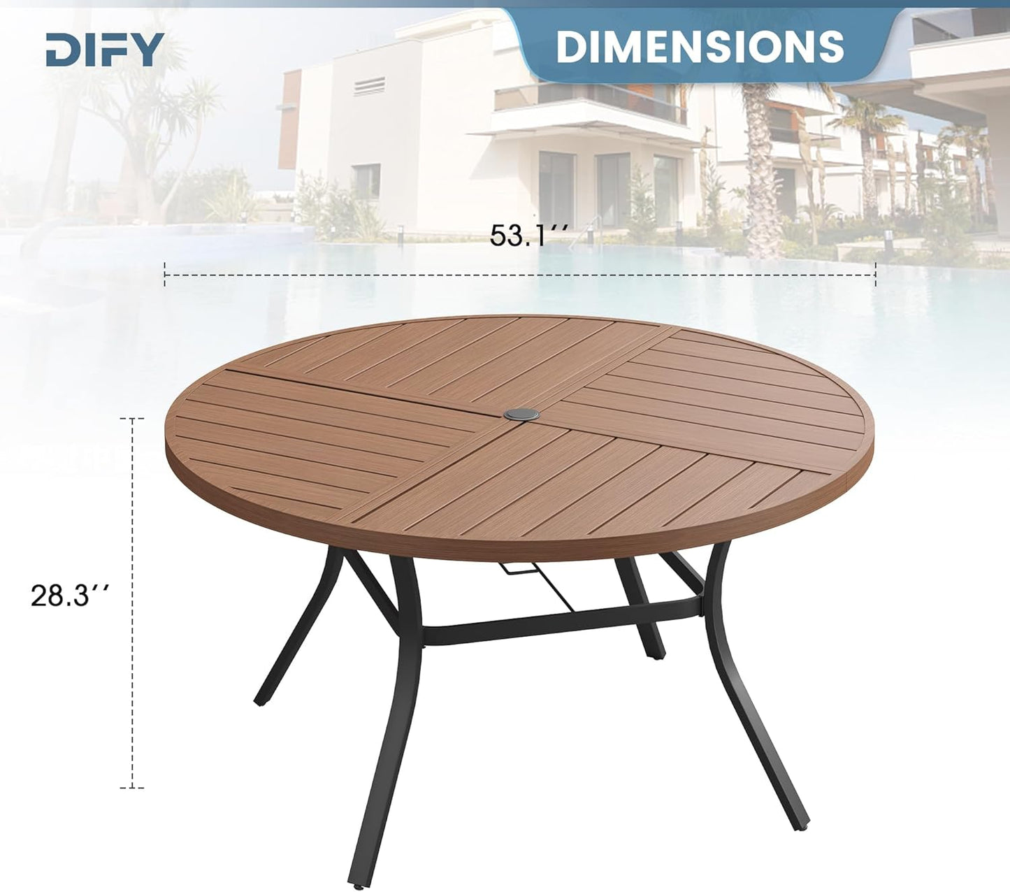 DIFY 53.1" Round Outdoor Patio Dining Table for 6-8, All-Weather Metal Steel Slatted Patio Table with 1.57" Adjustable Umbrella Hole, for Lawn Garden Porch Backyard, Walnut