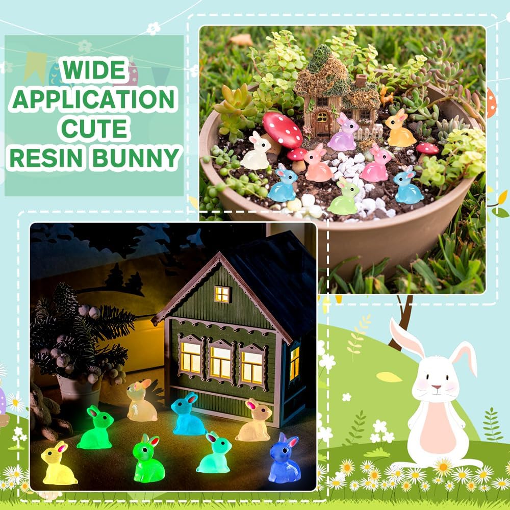 70pcs Easter Luminous Mini Resin Bunny 7 Colors Little Small Glow in The Dark Rabbit Bunny Figures for Dollhouse Micro Fairy Garden Decor Easter Egg Fillers Party Favors Supplies