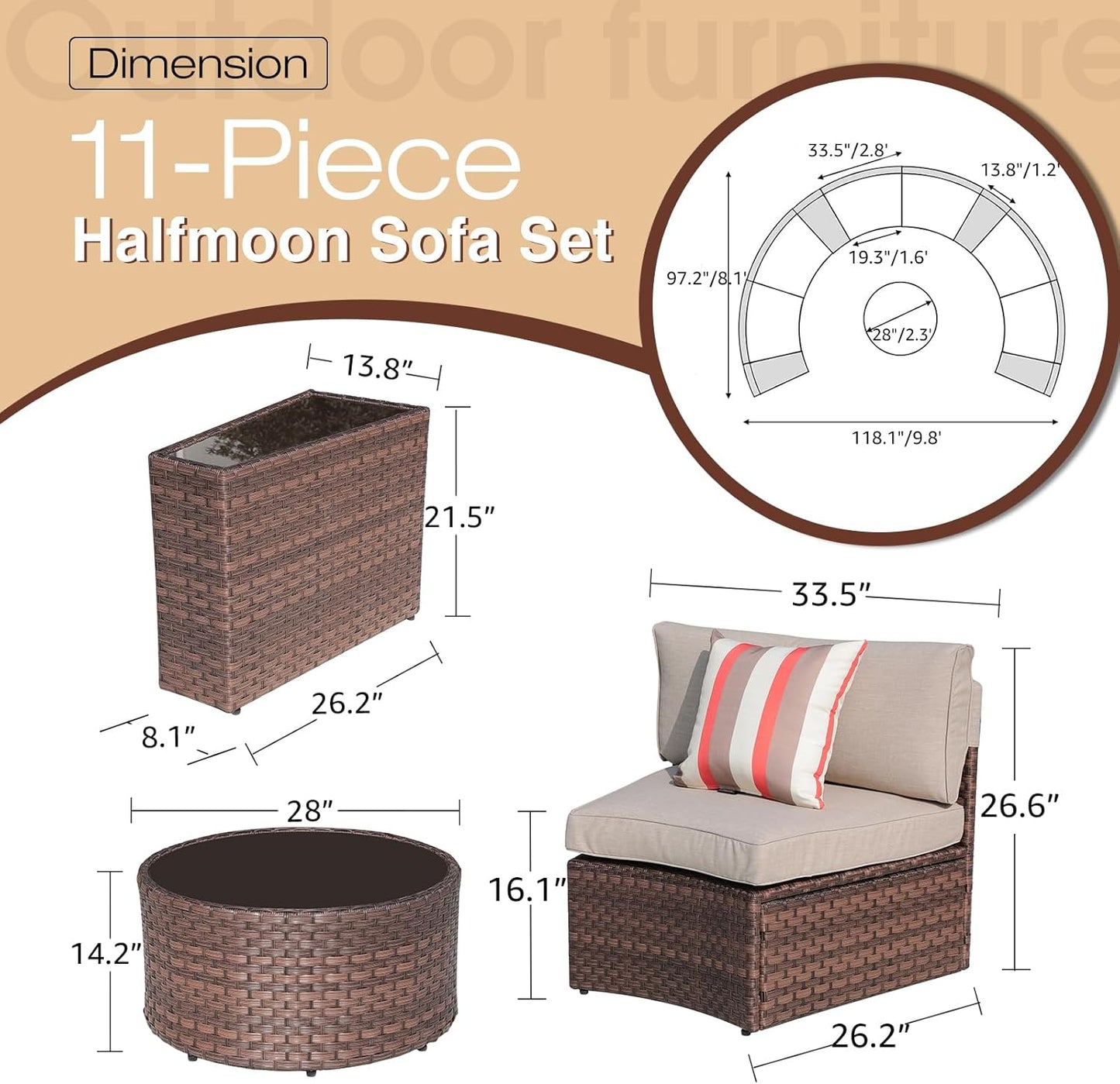 SUNSITT Outdoor Patio Furniture 11-Piece Half-Moon Sectional Round Patio Furniture Set Curved Outdoor Sofa with Tempered Glass Round Coffee Table, 4 Pillows, Brown Rattan