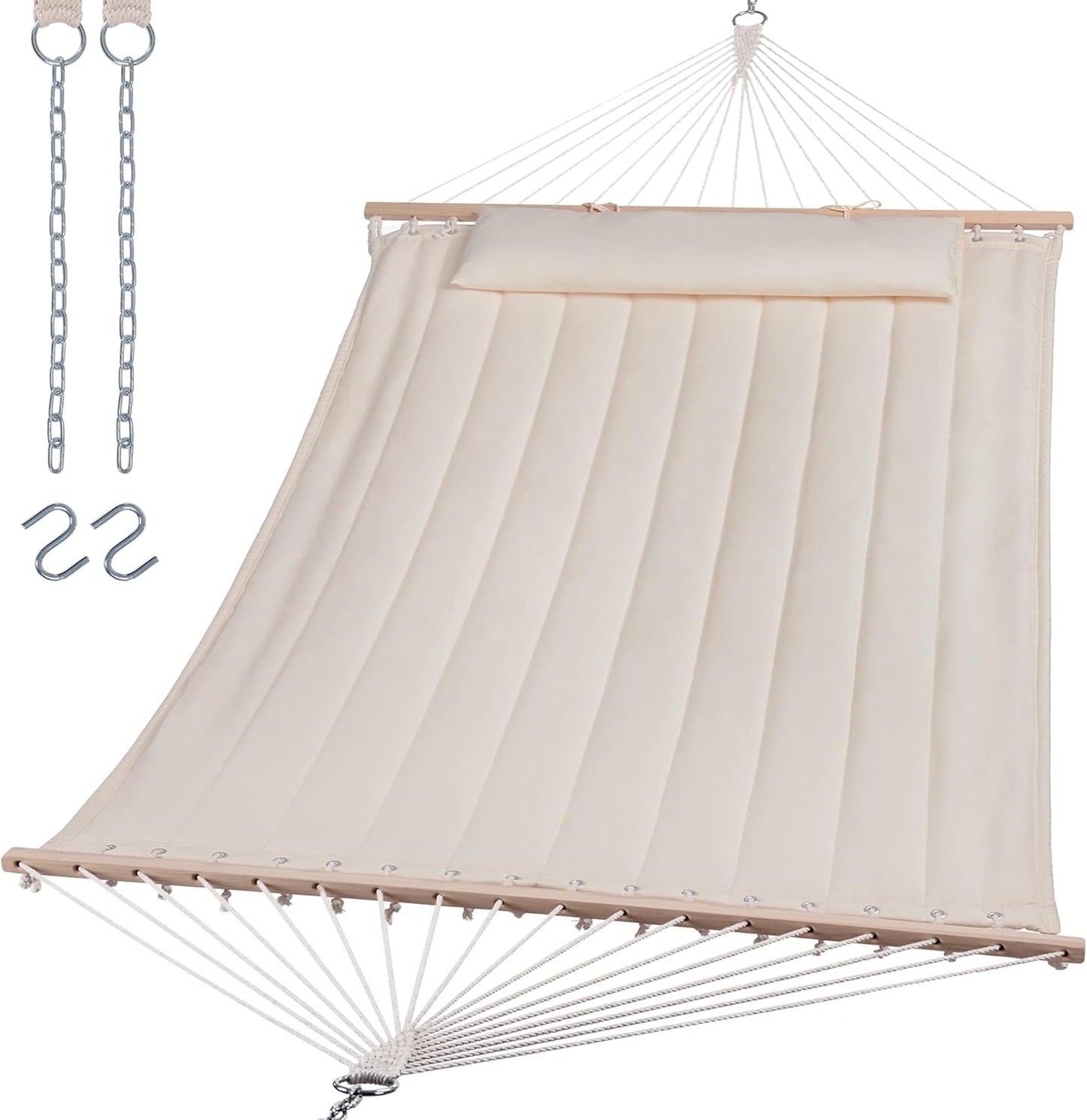 SUNCREAT Double Hammock for 2 Person, Extra Large Outdoor Portable Hammock with Hardwood Spreader Bar, Soft Pillow, 475 lbs Capacity, Beige