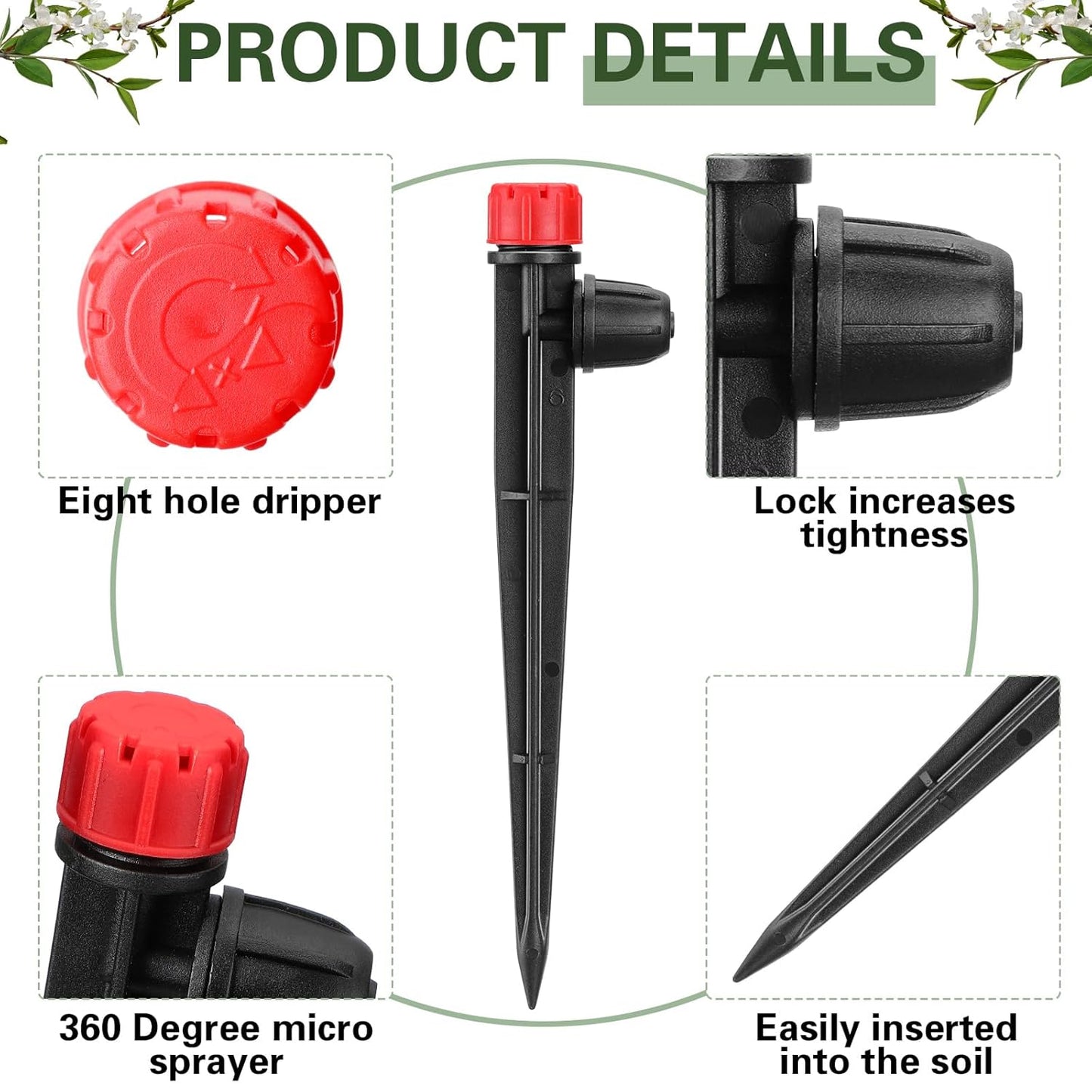 80 Pcs Drip Irrigation Emitters with Adjustable 360 Degree Water Flow Drippers for 1/4 Tubing Sprayer on 5.5 Arrow Stake for Garden System(Red, Black,Eight Hole Nozzle)