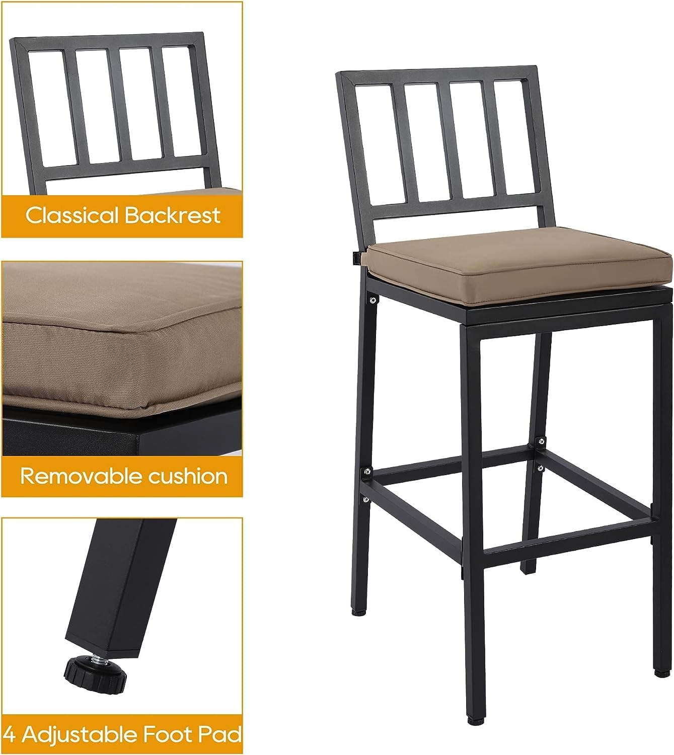 Outdoor Patio Bar Set, Bar Height Patio Dining Set, Weather-Resistant Bistro Counter Pub Set with Cushions & Slatted Tabletop for Backyard