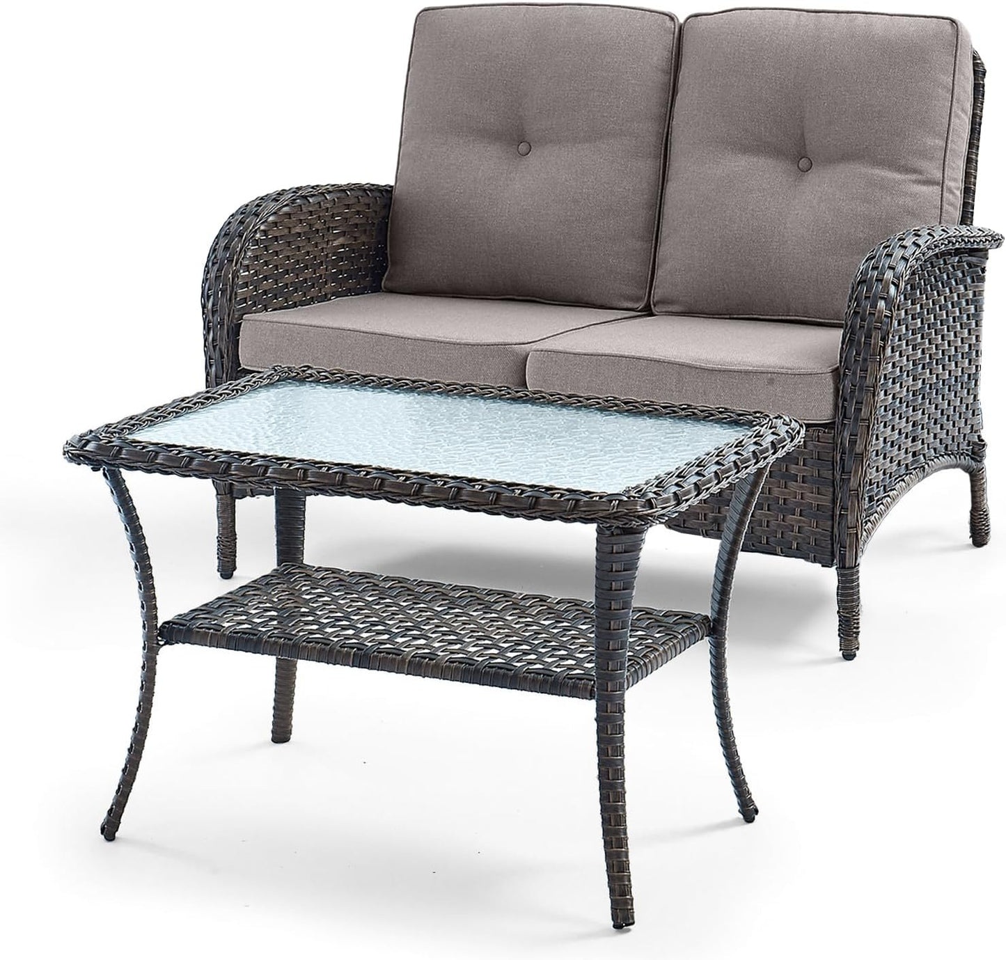 HUMMUH Outdoor Loveseat Sofa 2-Seat PE Wicker Outdoor Couch with Coffee Table,Deep Seat High Back Outdoor Patio Furniture for Patio,Garden,Porch,Deck(Grey)