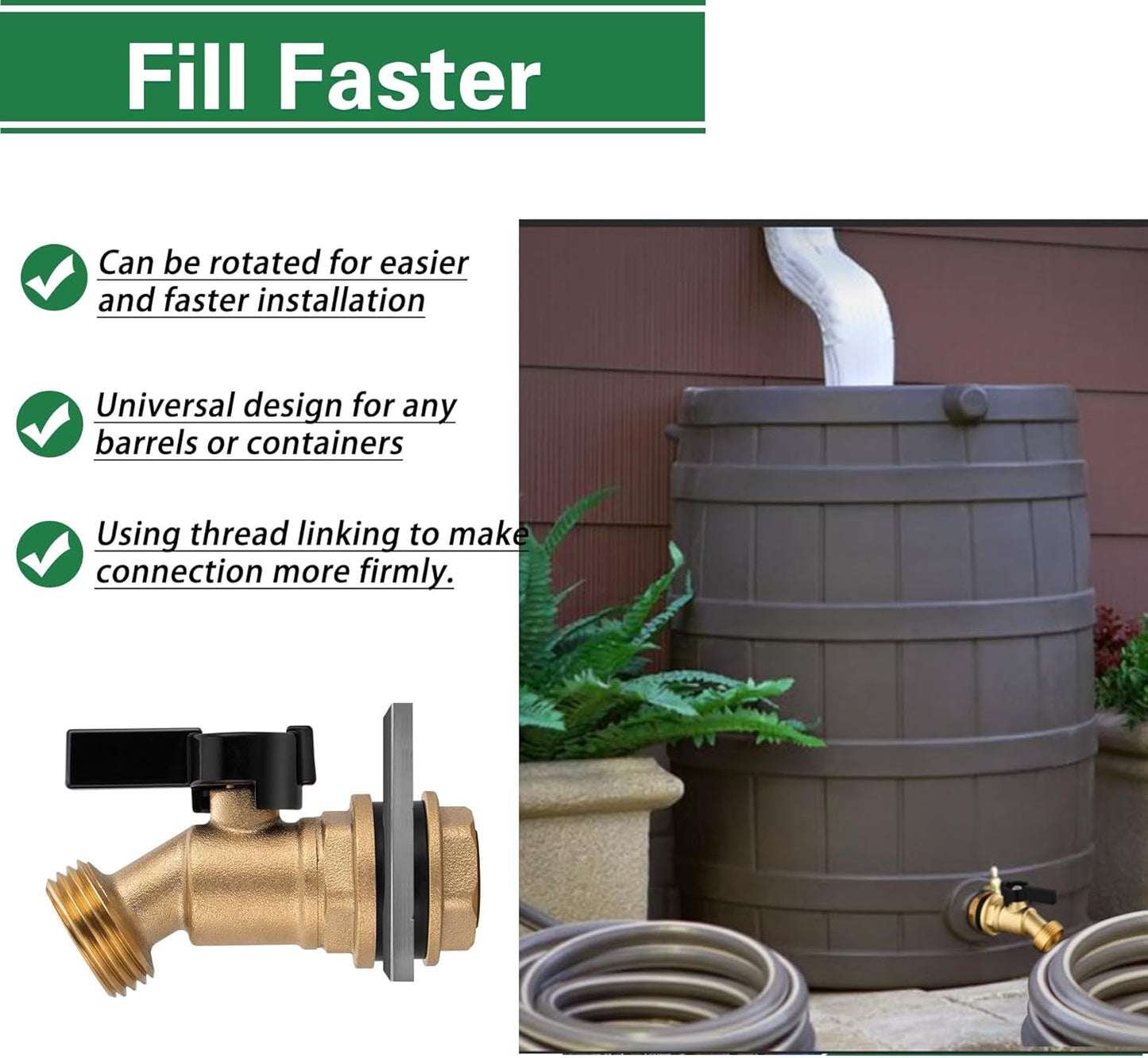 Brass Water Container Rain Barrel Spigot Kit, 1/2" Inlet to 3/4"GHT Male Thread Outlet with Quarter Turn Ball Valve Include Bulkhead Fitting and Washers