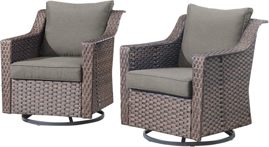 Outdoor Patio Wicker Swivel Chairs - Set of 2 Outside Resin Rattan Rocker Glider Gliding Chair Rocking Armchairs for Front Porch Balcony Backyard Yard Deck Poolside Apartment – Brown/Grey