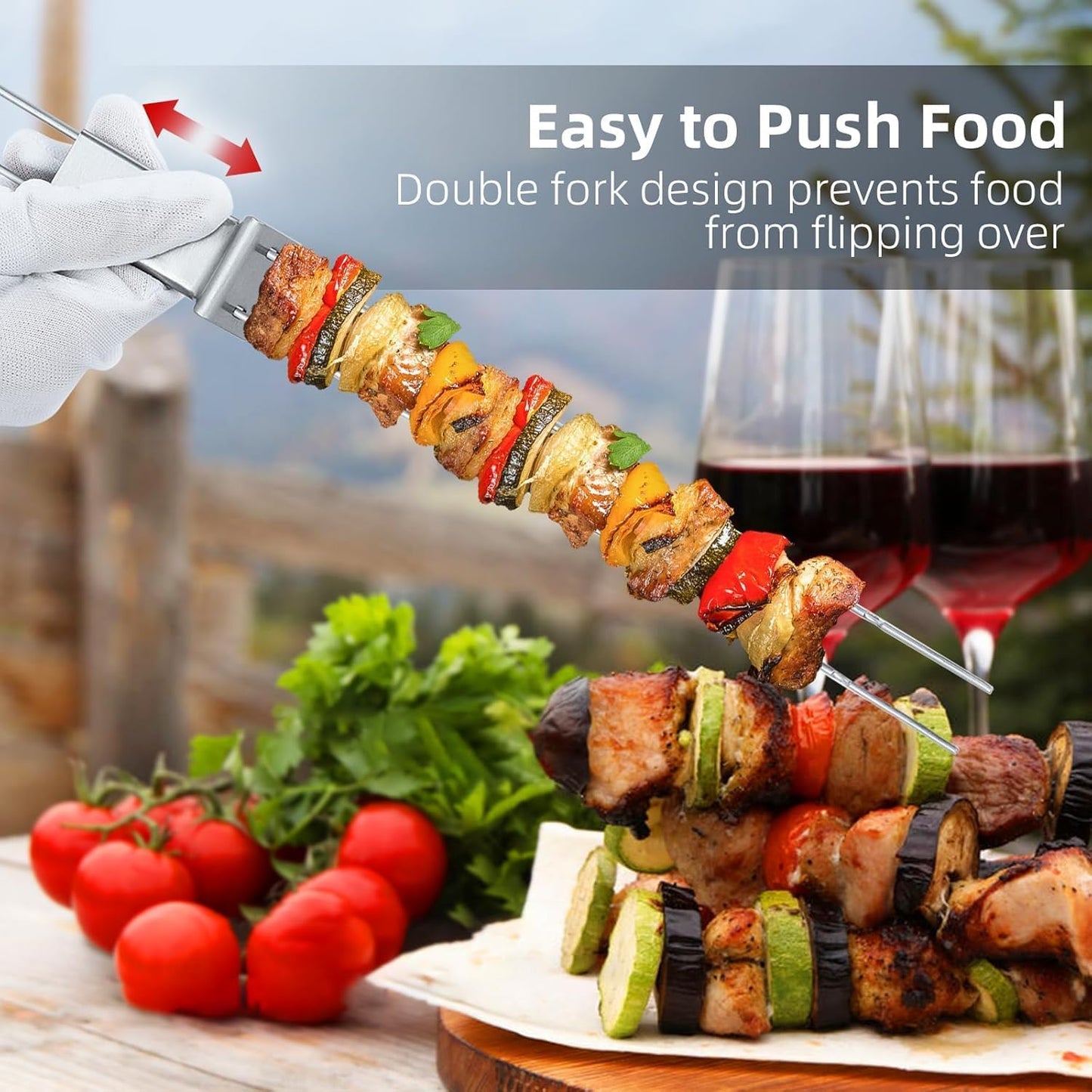 Skewers for Grilling- 17 inch (6 Pack) Double Pronged Flat Stainless Steel BBQ Skewer with Push Bar- Kabob Skewers Skewer Sticks for Camping or family - Reusable, BBQ Accessories