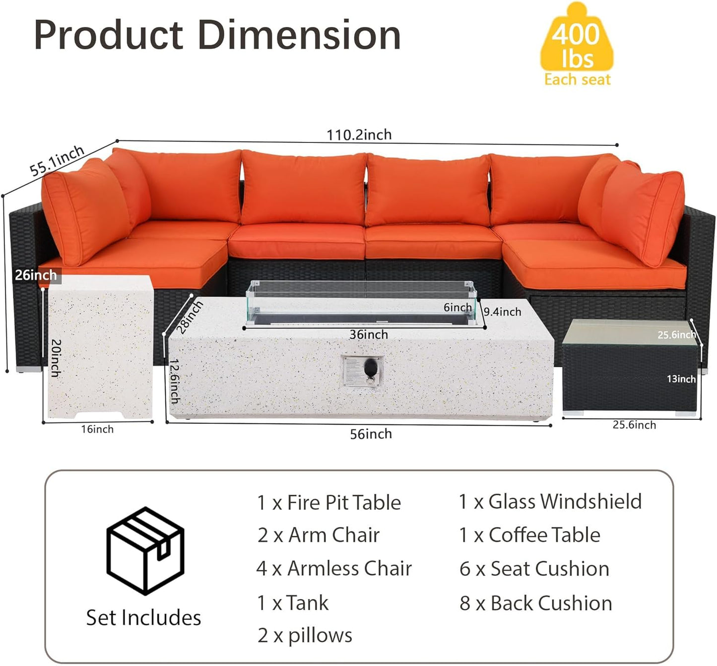 8 Piece Patio Furniture Set - Outdoor Conversation Sets with 56" Fire Table and Coffee Table, Rattan Modular Sofa Set for Garden/Poolside, Orange/Black