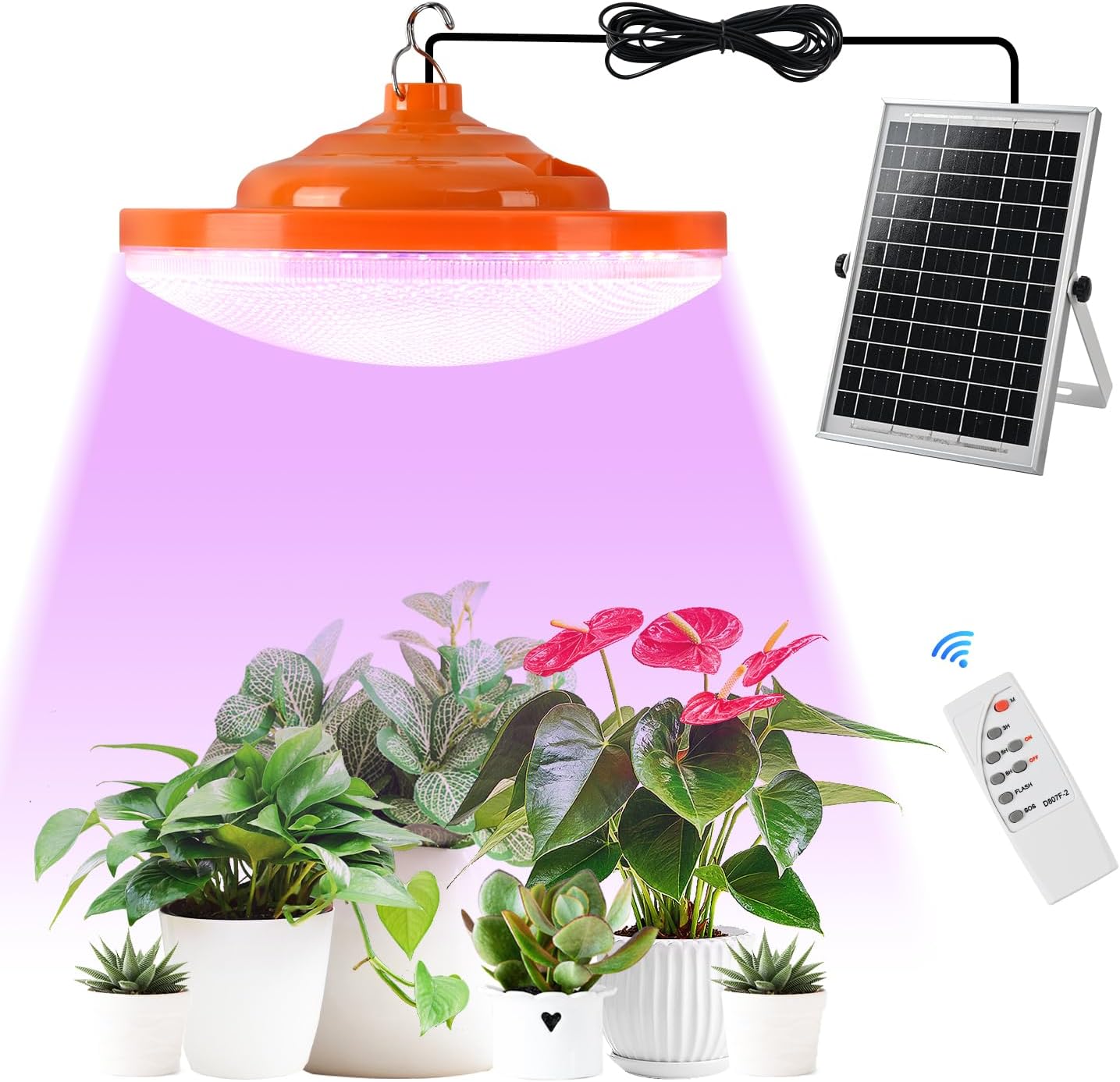 Solar Plant Grow Light Battery Powered, 96 LED Full Spectrum Hanging Grow Lights for Indoor Plants with Timer, Solar Pendant Growing Lamp for Greenhouse with Remote Control(14.7FT Cord)