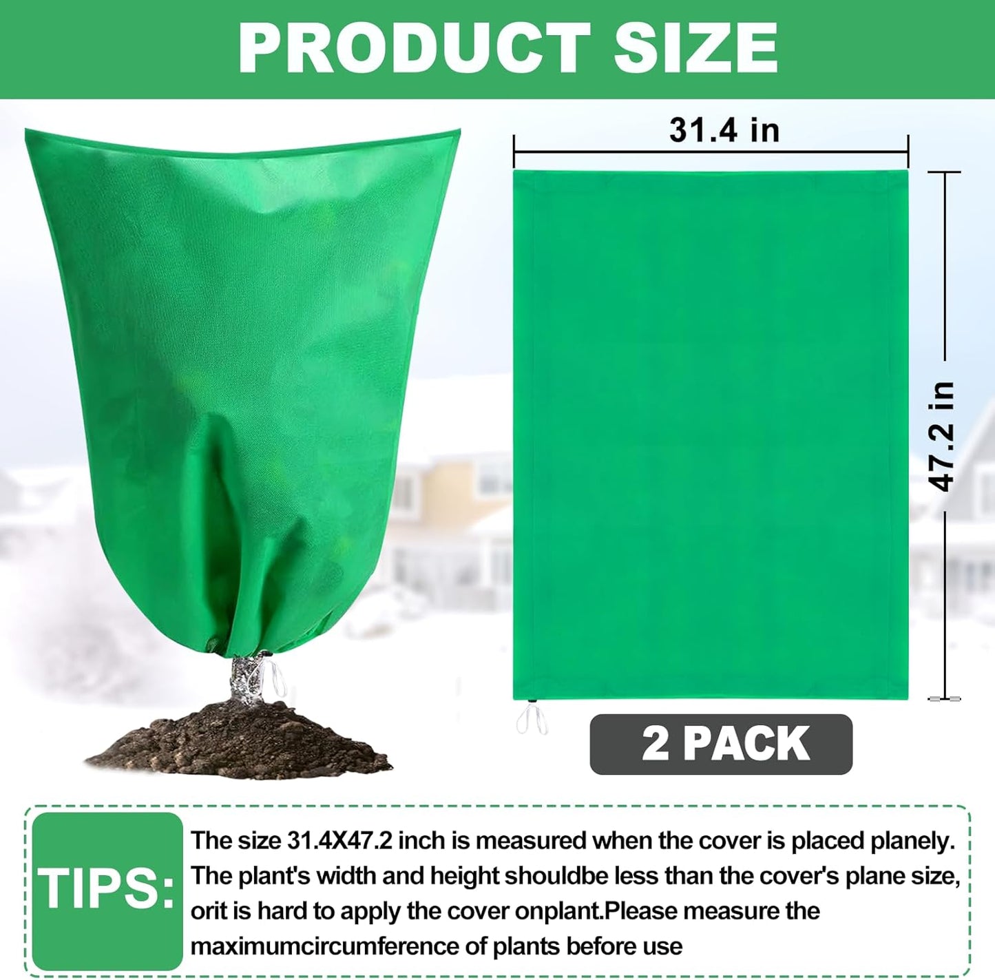 2 Pack Winter Plant Covers Freeze Protection, 31.4" X 47.2" Frost Cloths for Outdoor Plants with Zipper Drawstring, Tree Covers for Winter Cold Weather Covers Bags Shrubs Trees Jacket