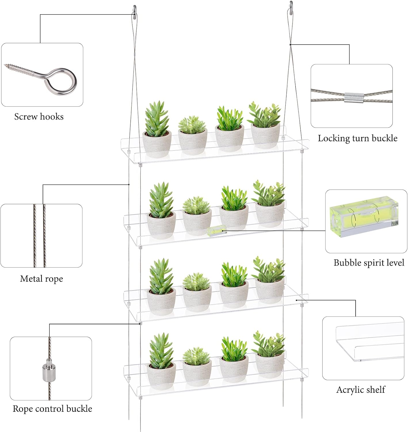 Sumerflos 4 Tier Acrylic Window Boxes Plant Shelves for Windows, Hanging Shelves for Indoor Plants, Flower Pot Organizer Storage for Window Grow Herbs, Microgreens, Succulents, Flower