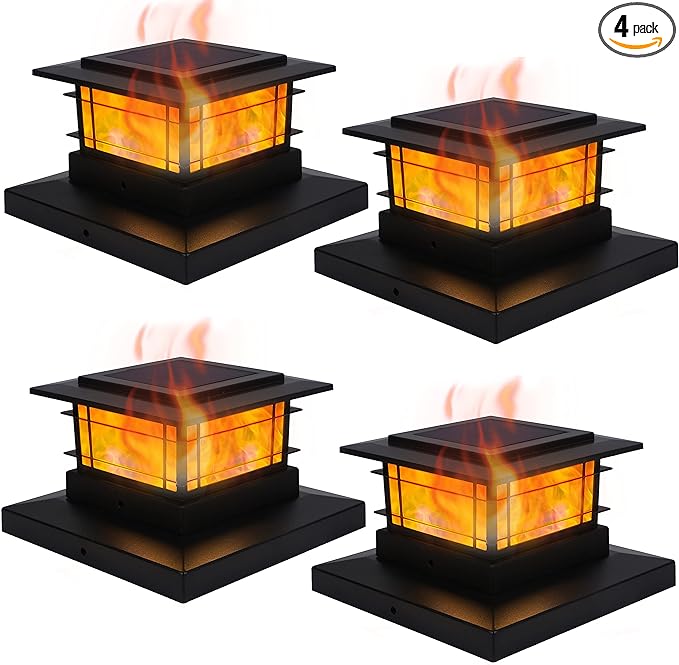 Dynaming 4 Pack Solar Flame Post Lights Outdoor, Solar Powered Fence Post Cap Lights, High Brightness Flickering Flame SMD LED Lighting Decor for Garden Deck Patio, 4x4, 5x5 or 6x6 Vinyl/Wooden Posts