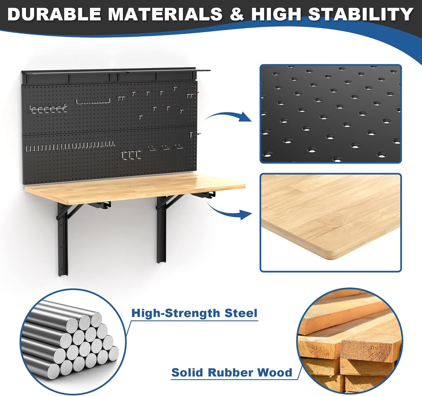 Ultrawall Wall Mounted Workbench with Pegboard, Folding Down Work Table Metal Pegboard Wall Organizer for Garage, Workshop, 48”X24”