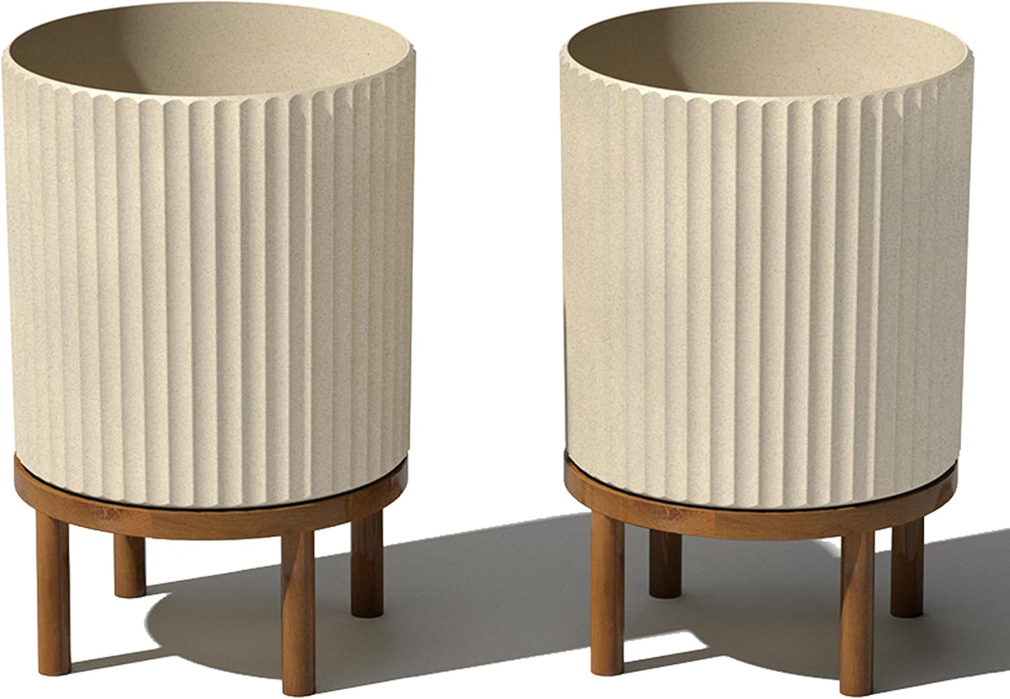 Veradek Demi Series Round Planter w/Stand for Porch/Patio | Durable Plastic-Stone Composite & Wooden Stand | Modern Décor for Tall Plants, Flowers