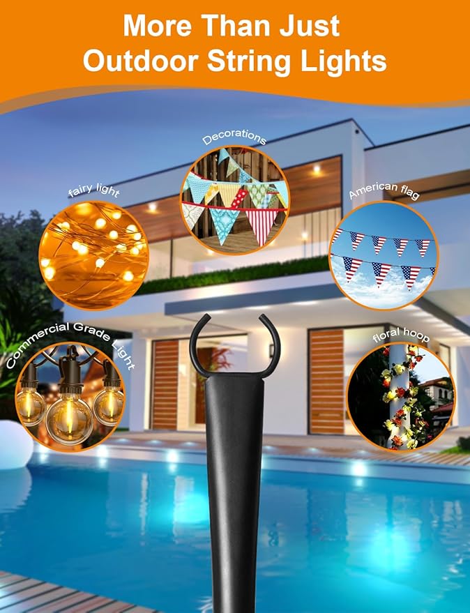 6 Pack String Light Poles for Outside, Thickened Metal Lights Hanger Pole Outdoor with Fork, Lighting Hanging Post Accessories for Patio Decor Garden Backyard Yard Front Porch Outside Decorations