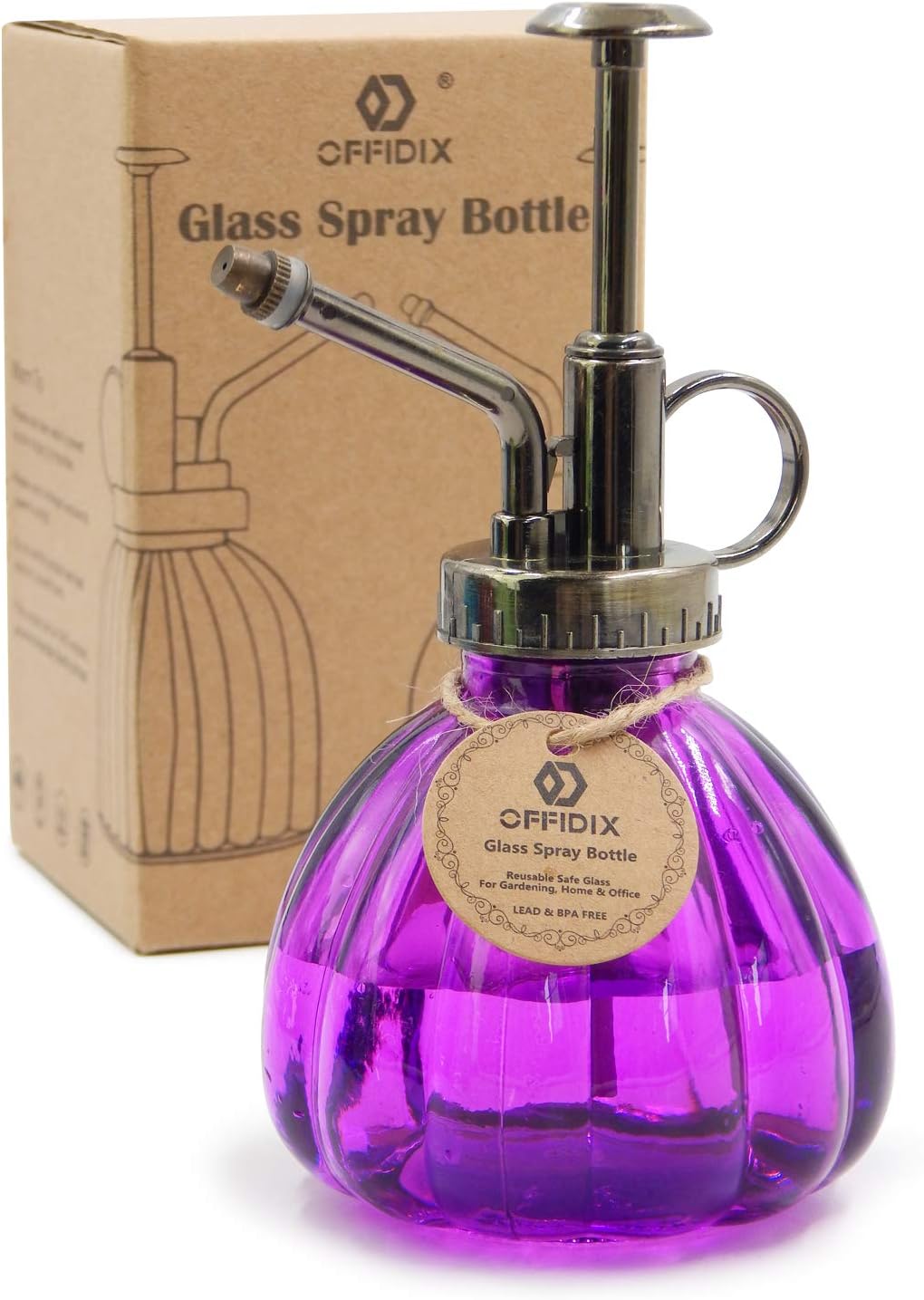 OFFIDIX Glass Watering Spray Bottle, 6.3" Tall Vintage Style Plant Mister with Bronze Plastic Top Pump One Hand Watering Can Glass Spary Bottle (Dark Purple)