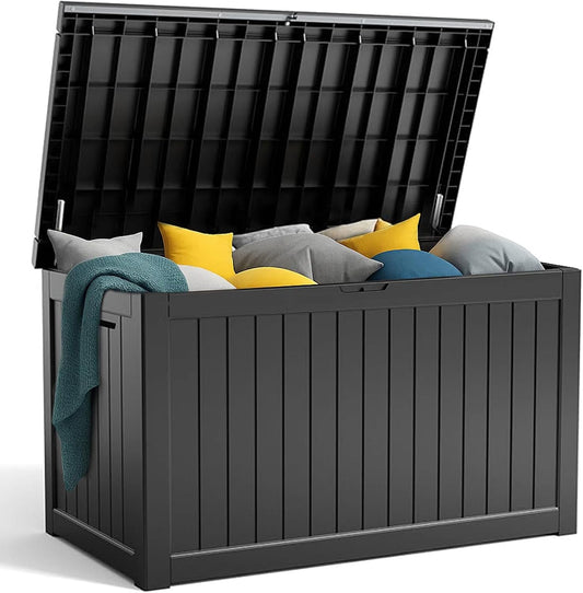 230 Gallon Resin Deck Box, Lockable Patio Outdoor Storage Box for Furniture, Garden Tools and Tools Storage, Waterproof Outside Storage Boxes - Black