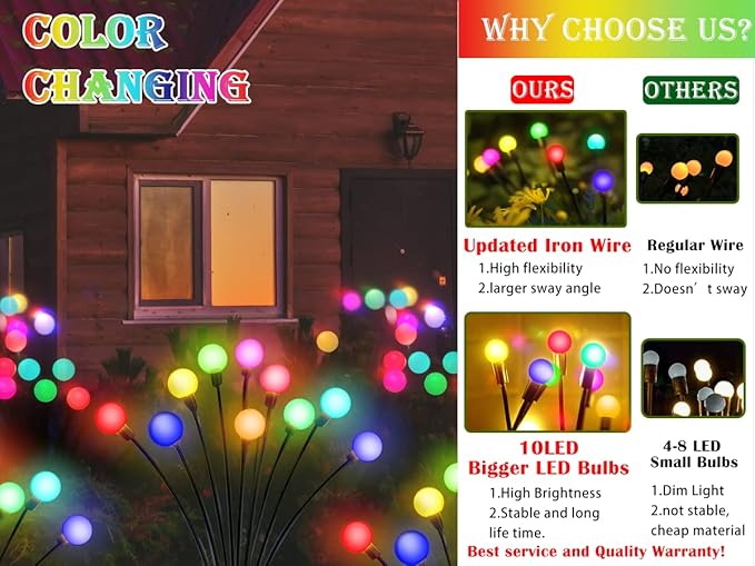 Solar Garden Lights - 4 Pack 10 LED Color Changing Solar Firefly Swaying Decorative Lights for Yard Patio Walkway Garden Pathway Decoration
