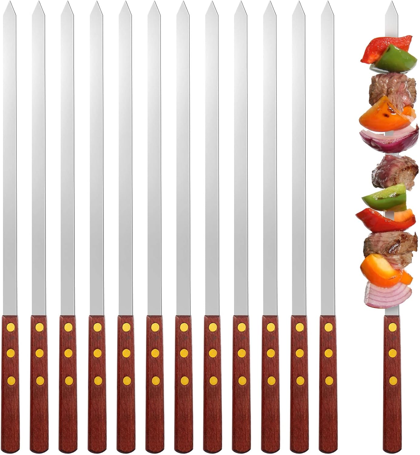 Cunhill 12 Pcs 19.7 Inch Kabob Skewers for Grilling 0.4 Inch Wide Flat Blade Thin Stainless Steel Kabob Sticks Long Barbecue Reusable Metal BBQ Skewers with Wood Handles for Tailgate Party Outdoor