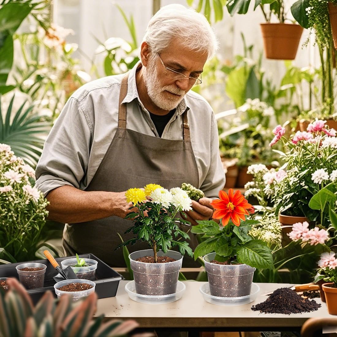 BTPLASTIK Clear Plastic Nursery Pots for Plants, 6 Inch Transparent Plant Pot with Drainage Holes, Flower Pots with Saucers, Seed Starter Pots with 15 Pcs Plant Labels, Gardening Gifts
