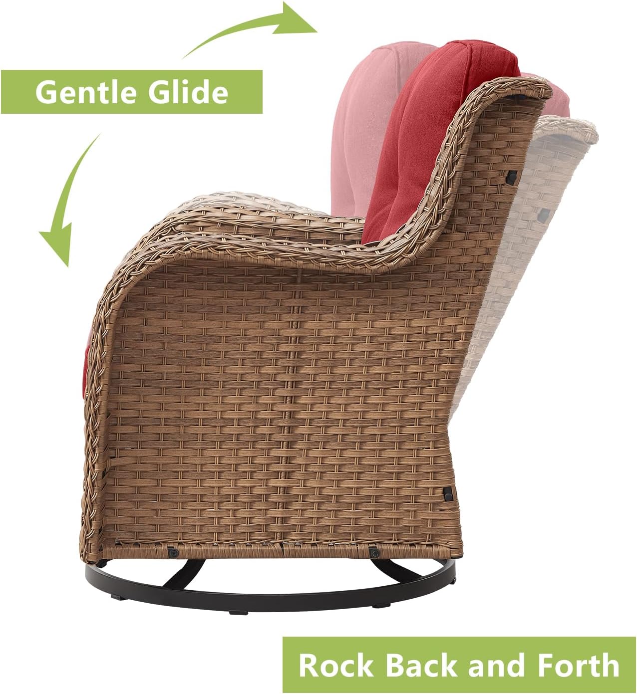 Outdoor Wicker Patio Furniture Set - 5 Piece Rattan Patio Conversation Set with 2 Rocking Swivel Chairs,2 Ottomans and 1 Sofa for Porch Deck Backyard Garden(Yellow/Red)