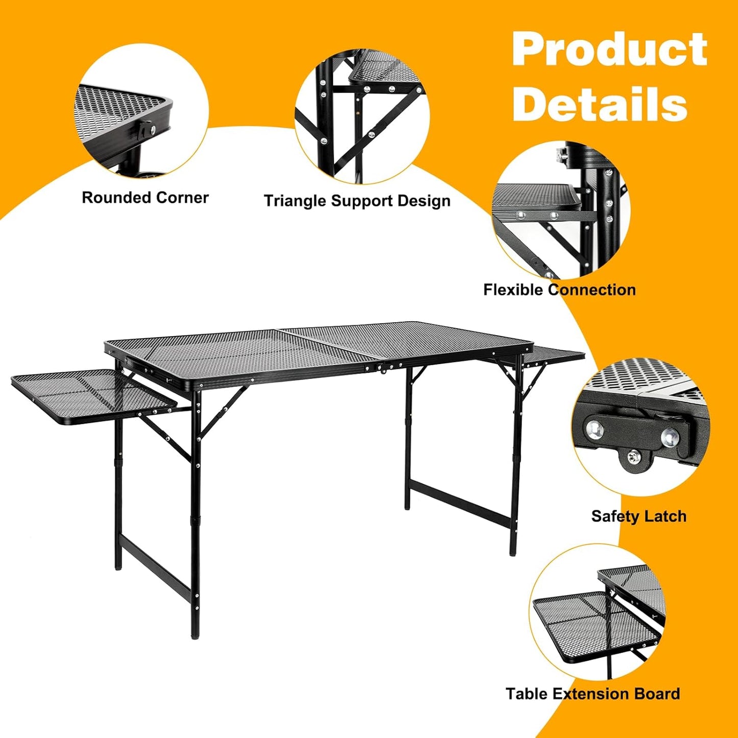 Grill Table Folding Table with 2 Wing Panels 4FT+1.77 FT with Mesh Desktop 3 Height Adjustable Portable Grill for Outdoor Indoor Beach BBQ Picnic Travel RV Black