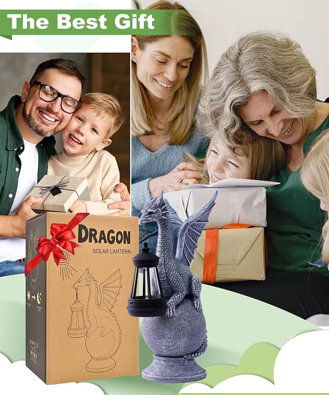 Solar Dragon Garden Statue for Outdoor Decor: Outside Sculpture Ornament for Yard Lawn Balcony Patio Porch- Unique Birthday Gift for Lover Mom Women Grandma