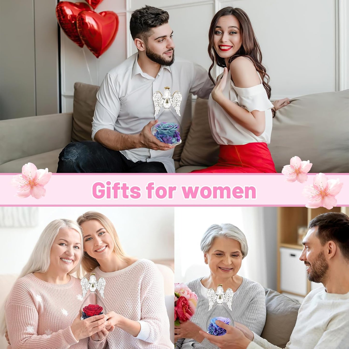 Yamonic Valentines Day Gifts for Her, Angel Figurines with Real Rose Gifts for Her Mom Grandma, Preserved Flowers Rose Angel Figurines for Mothers Day Christmas Anniversary Birthday Gifts for Her