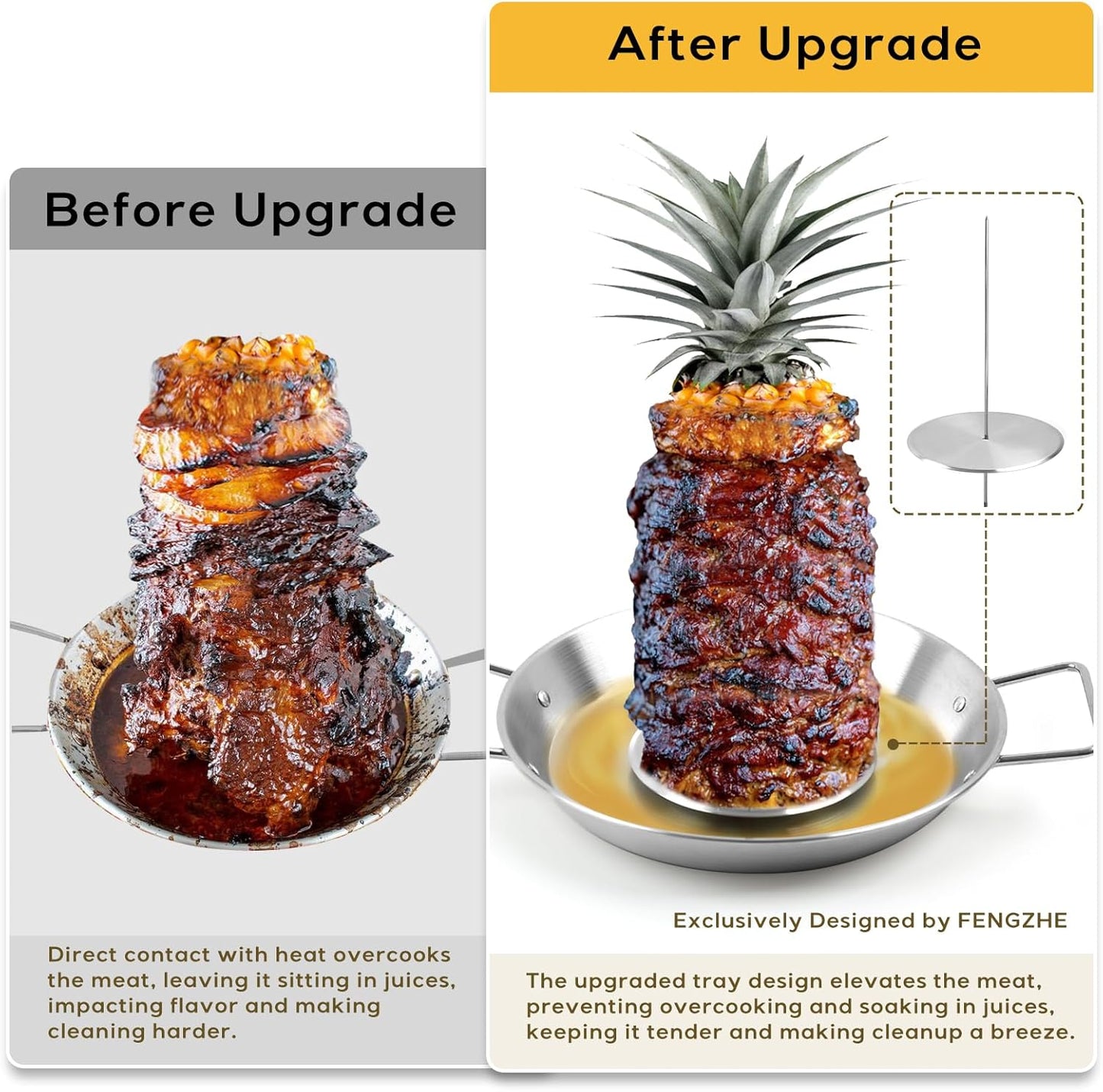 Fengzhe Al Pastor Skewer for Grill: Extra Large 13" Stainless Steel Vertical Skewer, Brazilian Spit Stand with 4 Spikes, 2 Brushes, for Tacos Al Pastor, Shawarma, Kebabs, with Fat Separator Tray