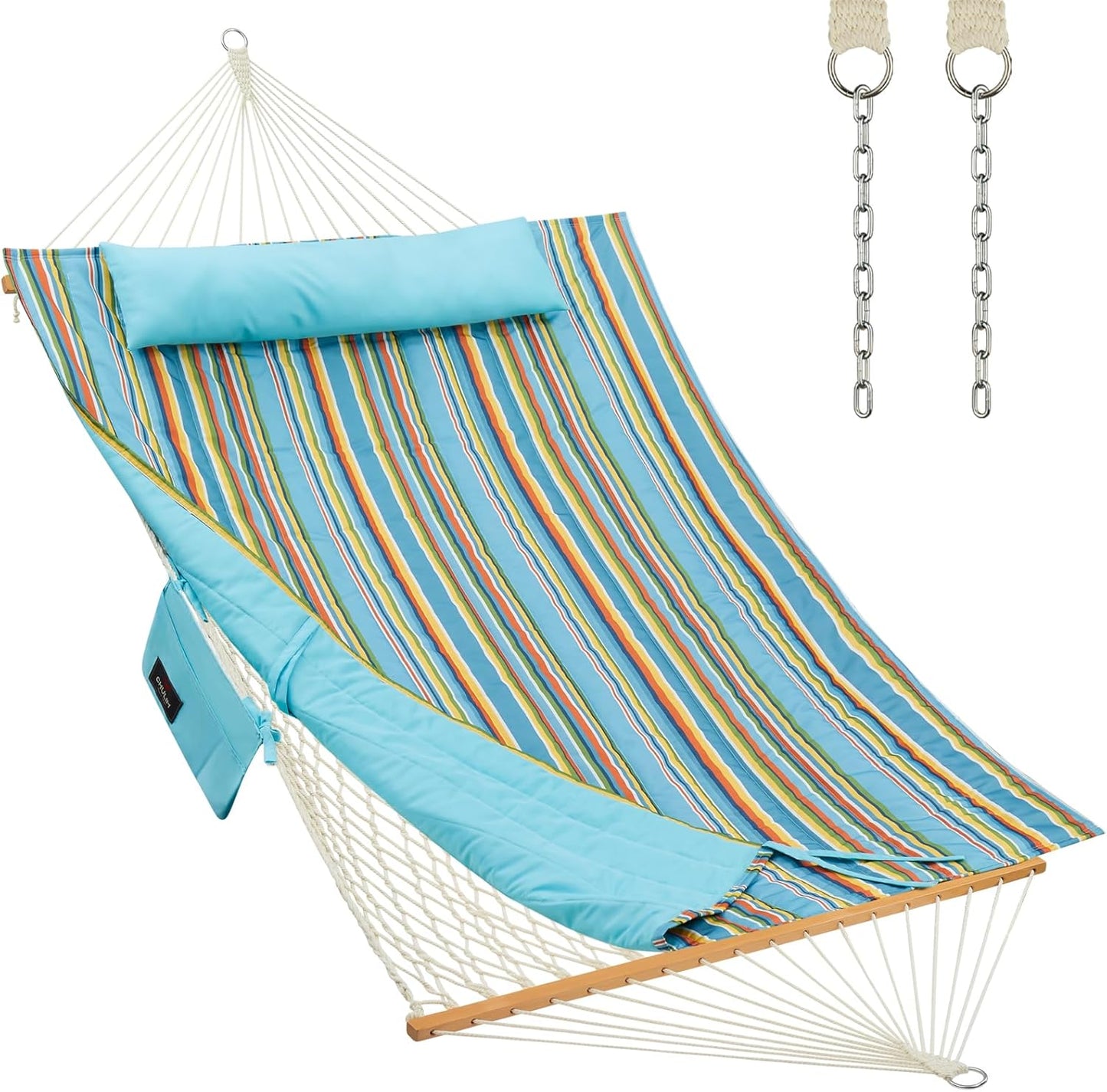 Outdoor Double Hammock with Hardwood Spreader Bars, Large Rope Hammock with Polyester Pad and Pillow, 475 LBS Capacity for 2 Person Patio Backyard Poolside - Bule Stripe