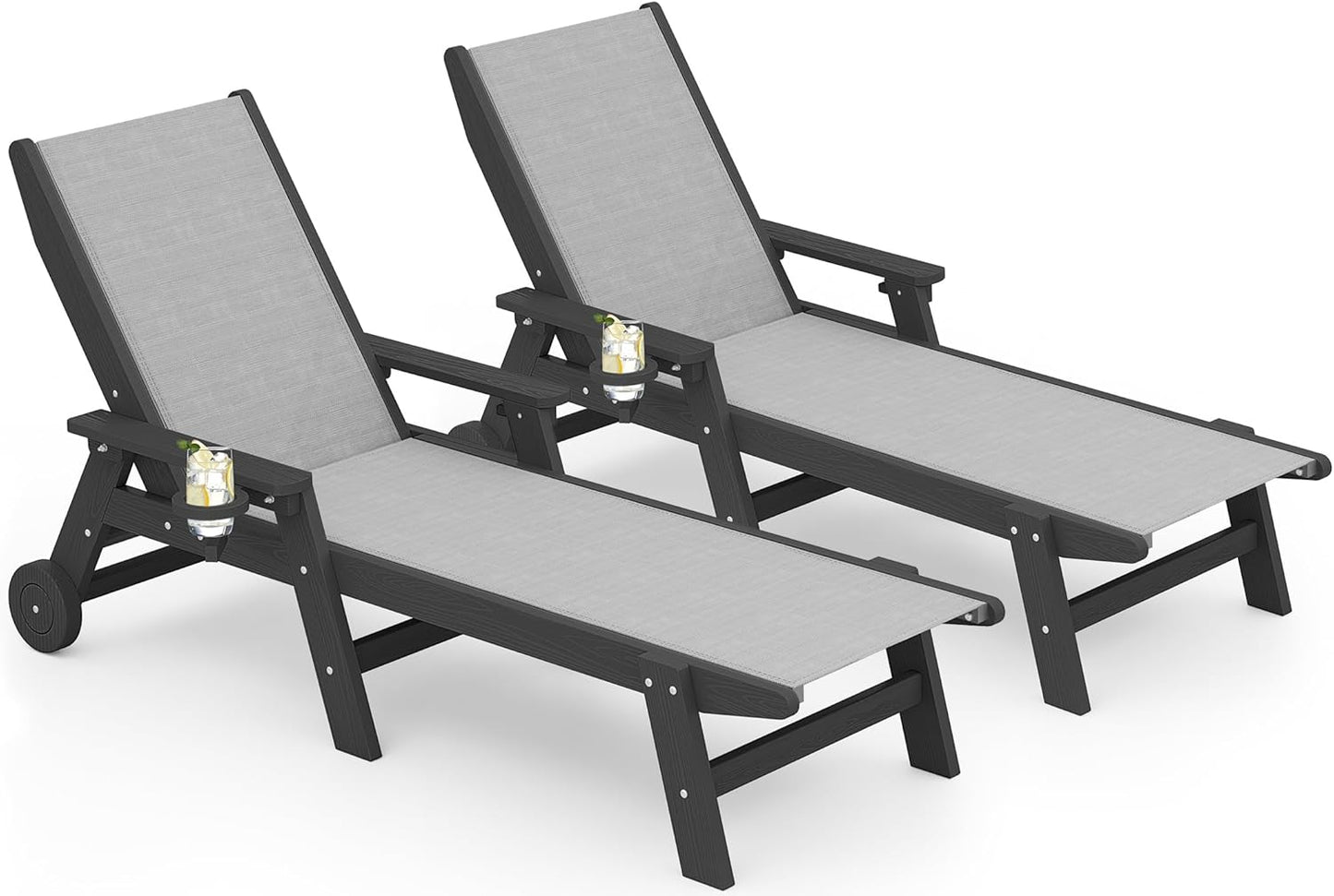 SERWALL Textilene Patio Chaise Lounge Chair Set of 2, 5 Positions Outdoor Lounge Chair with Rolling Wheels for Pool, Deck, Black