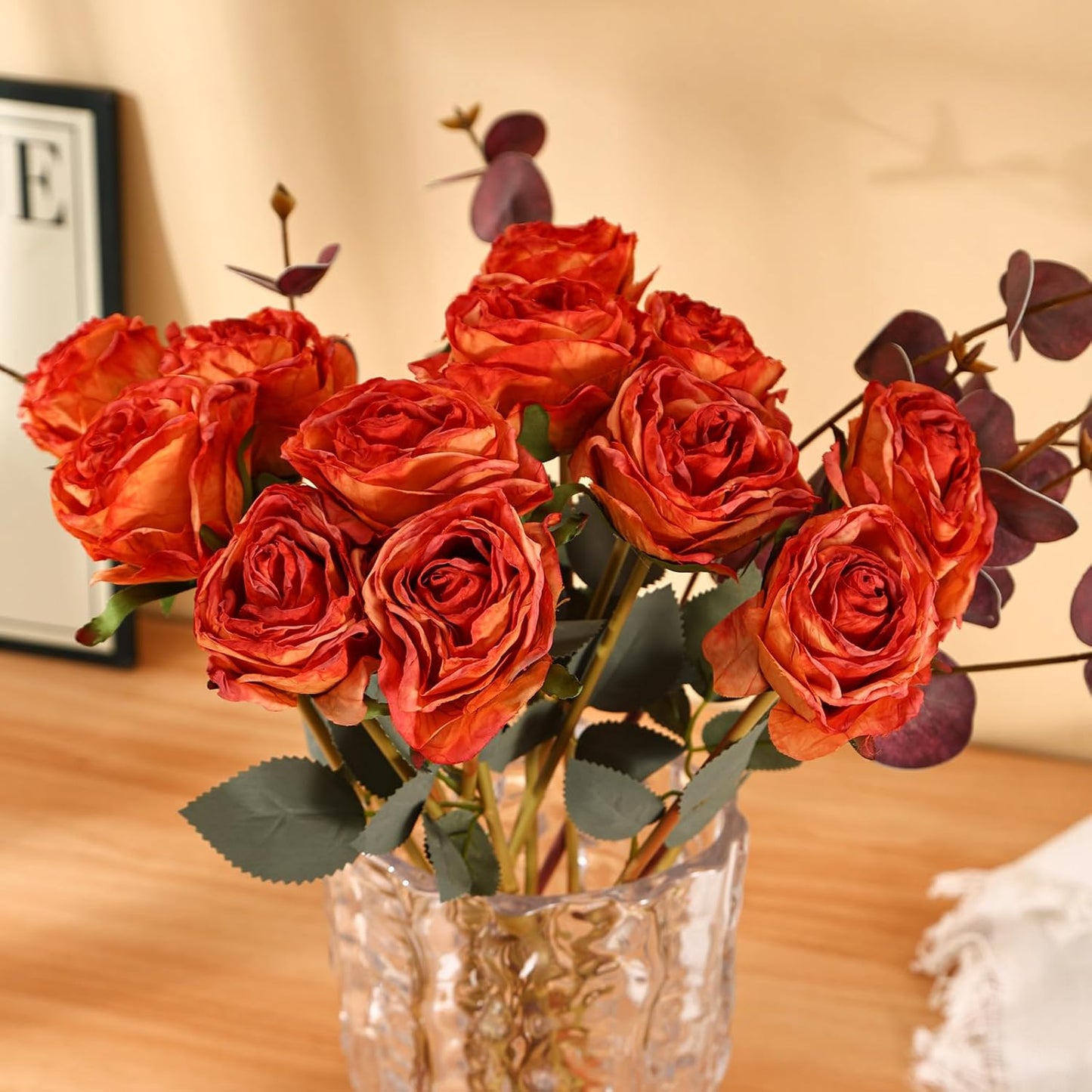 Kimura's Cabin 12pcs Lifelike Faux Silk Roses Flowers Vintage Artificial Rose with Stem Bouquet Fake Roses Dried Flower for Valentines Home Table Centerpiece Wedding Party DIY Decoration(Orange red)