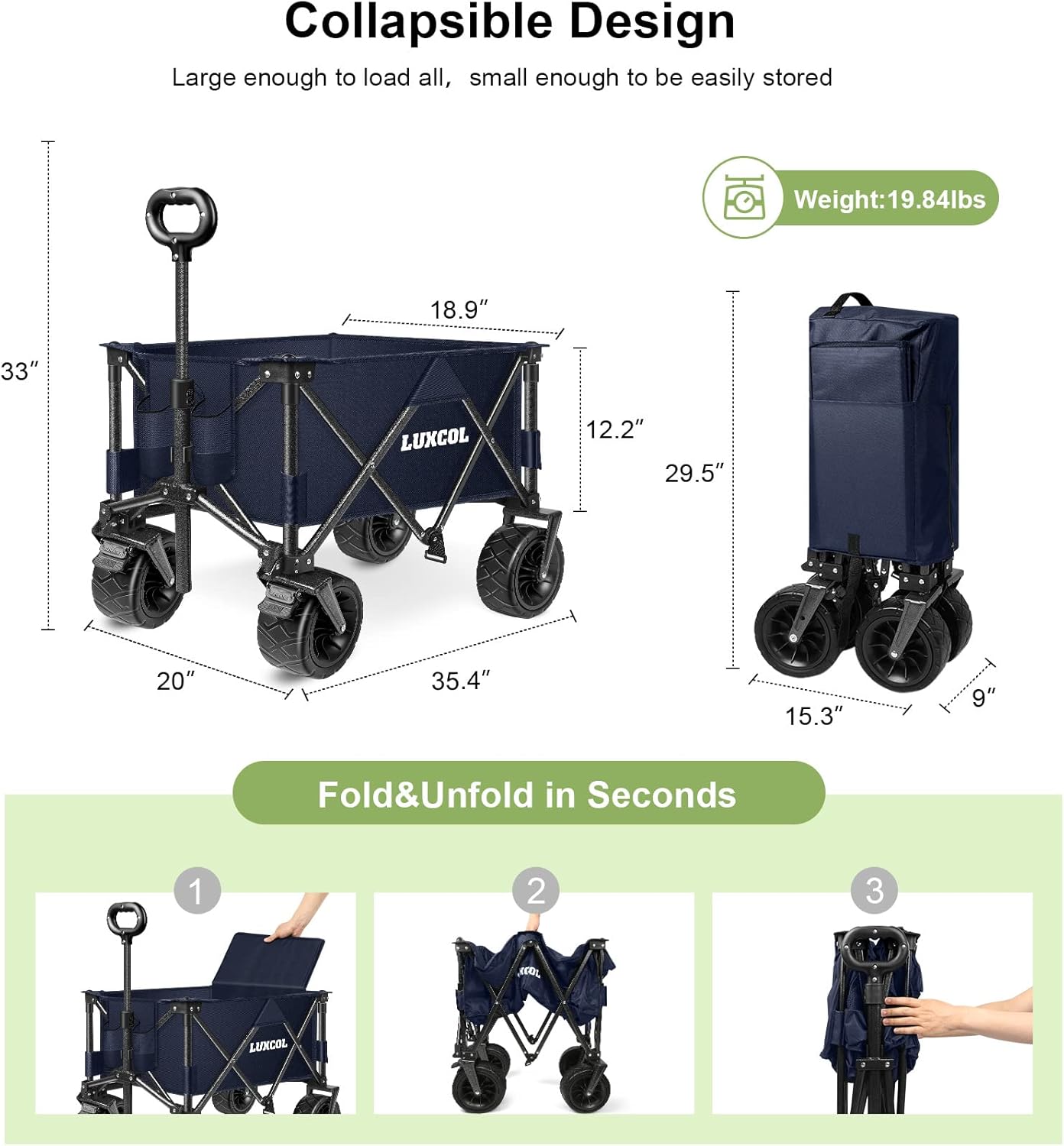 LUXCOL Collapsible Folding Wagon, Heavy Duty Utility Beach Wagon Cart for Sand with Big Wheels, Adjustable Handle&Drink Holders for Shopping, Camping,Garden and Outdoor Dark Blue