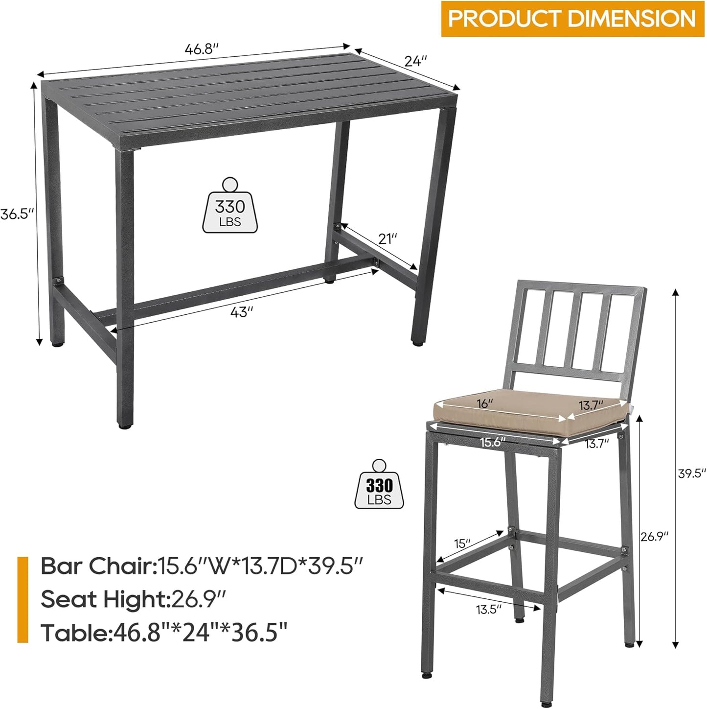 Outdoor Patio Bar Set, Bar Height Patio Dining Set, Weather-Resistant Bistro Counter Pub Set with Cushions & Slatted Tabletop for Backyard (Gray, 47" Wide Table, 4 "I Style Stool)