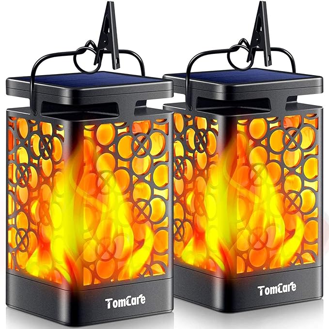 TomCare Solar Lanterns Outdoor Upgraded Flickering Flame Waterproof Hanging Lanterns Decorative Solar Powered LED Christmas Lights for Patio Deck Yard, 2 Pack