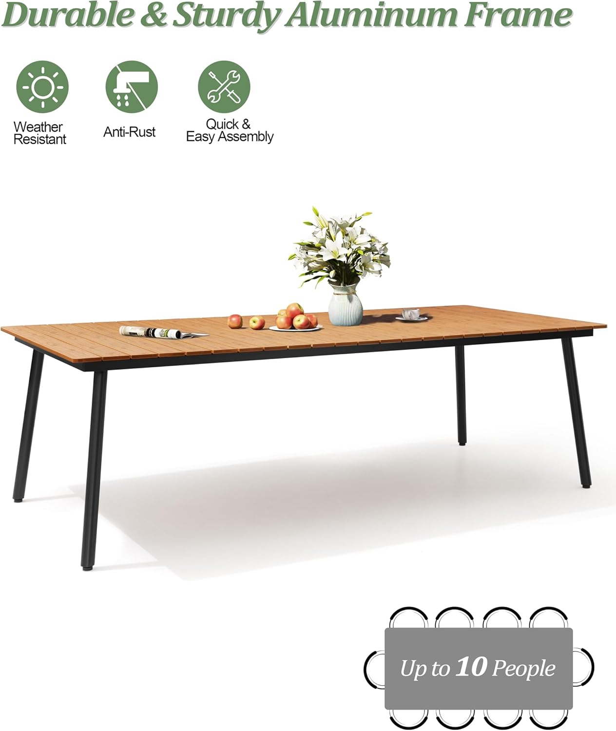 Outdoor Dining Table for 8-10, 94.5 inch Patio Dining Table with Wooden-Like Top and Aluminum Frame, Rectangular Table with Umbrella Hole Outdoor Furniture, Brown