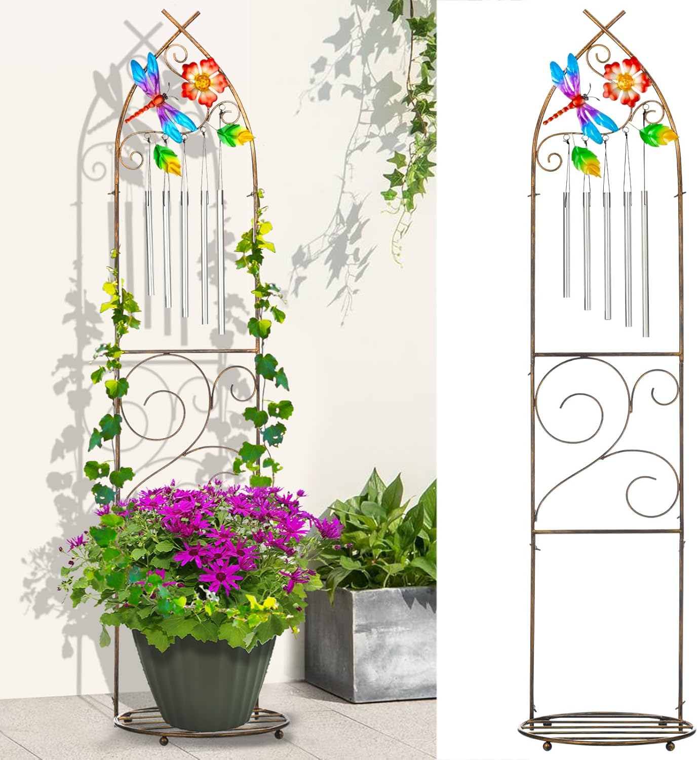Plant Stands with Garden Trellis, 48” Metal Standing Wind Chimes Plant Pot Trellis with Dragonfly for Garden Patio Backyard Climbing Plants Outdoor Decor