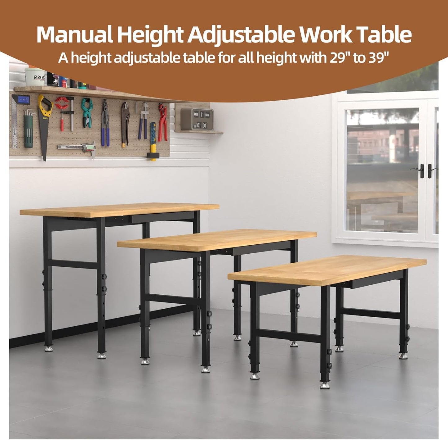 48'' Adjustable Workbench, Solid Wood Work Bench Table, Metal Tool Bench Work Bench for Garage, Large Load Capacity Garage Workbench Workshop Table for Workshop,Office,Home, Easy Assembly