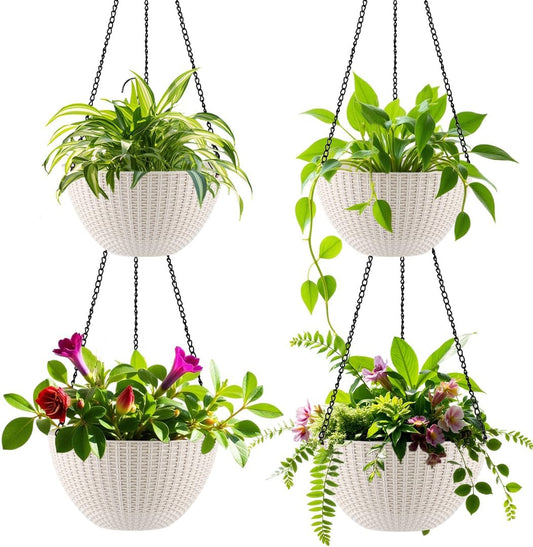 Hanging Planters for Indoor Outdoor Plants 8 and 10 Inch, 4 Packs Plant Hanger with Drainage Holes, Hanging Basket Flower Pot Perfect for Home, Office and Garden,White