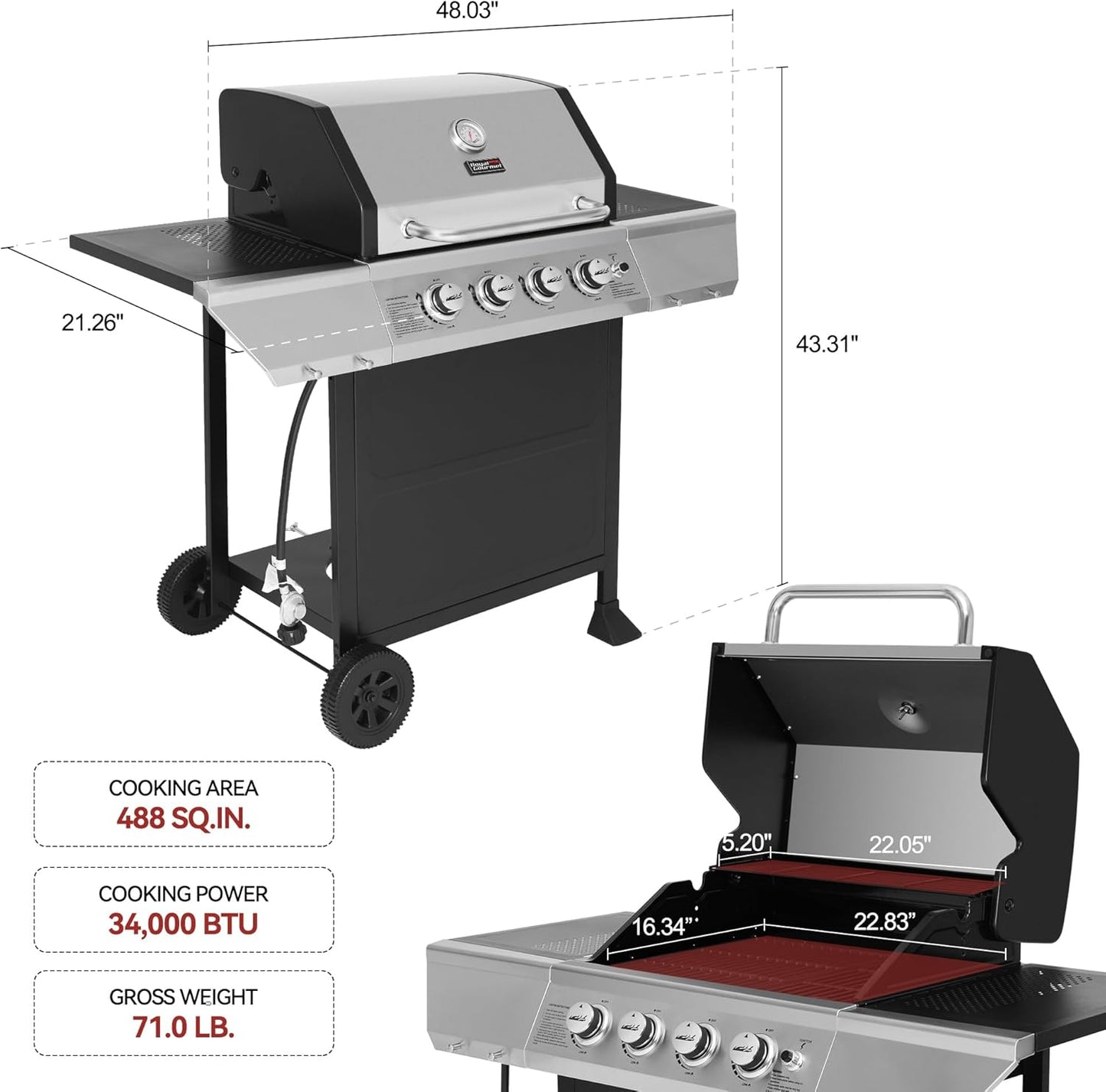 Royal Gourmet 4-Burner Propane Gas Grill with Warming Rack, Outdoor BBQ Grill with 34,000 BTUs Output for Patio Garden Barbecue Grilling, Black & Silver