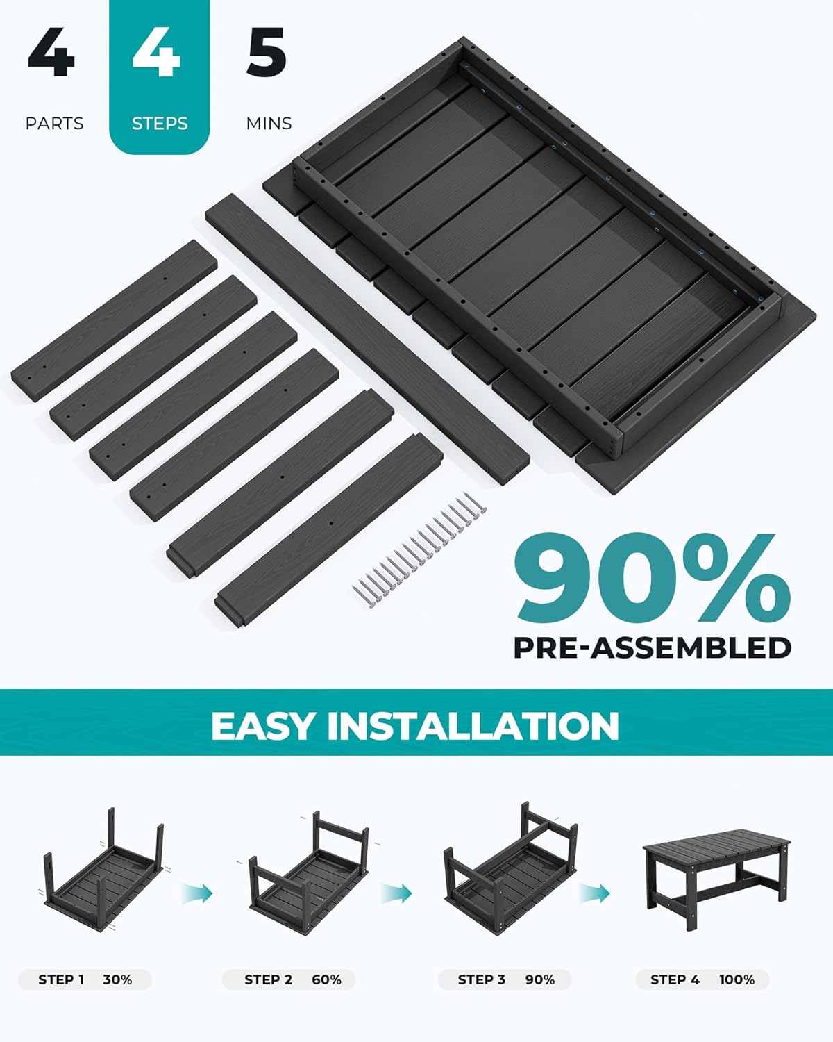 SERWALL Outdoor Coffee Table, HDPE Patio Coffee Table for Outside, Rectangle, Black