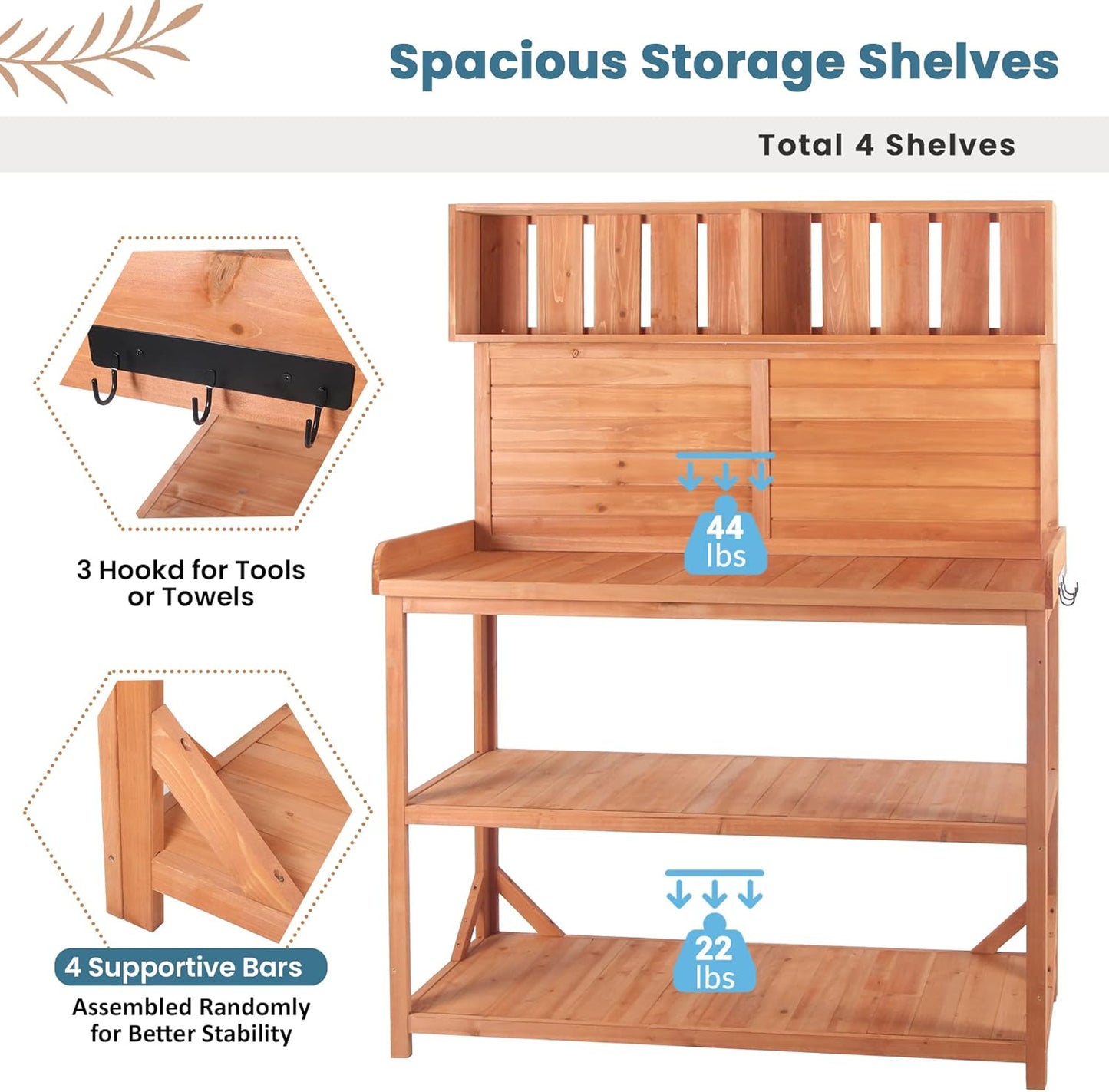 Merax 65" Large Wooden Farmhouse Rustic Outdoor Potting Bench Table with 4 Storage Shelves and Side Hook, Patio Workstation, for Garden, Backyard, Natural