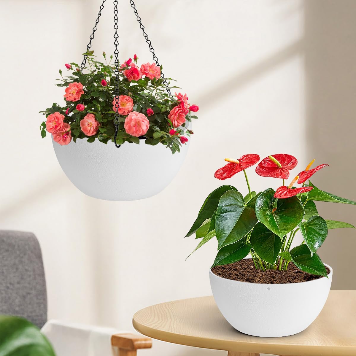 10 inch Hanging Planters for Indoor Plants, 2 Pack Planters for Outdoor Plants with Drainage Holes and Chain, Round Plastic Hanging Baskets, Hanging Flower Pots for Balcony Garden Decor-White