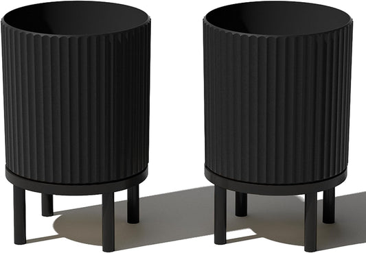 Veradek Demi Series Round Planter w/Stand for Porch/Patio | Durable Plastic-Stone Composite & Wooden Stand | Modern Décor for Tall Plants, Flowers