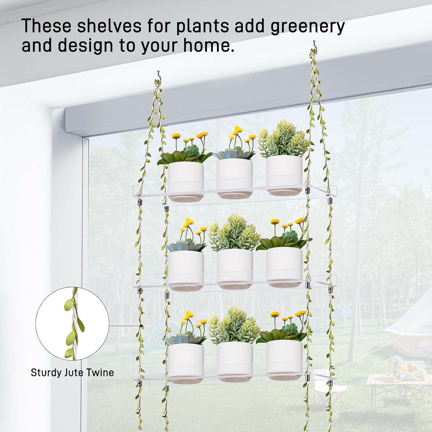 Sumerflos Acrylic Window Boxes Plant Shelves 3 Tier - Clear Hanging Shelf Indoor Jute Twine Adjustable Plant Holder for Window Wall Living Room Balcony Natural