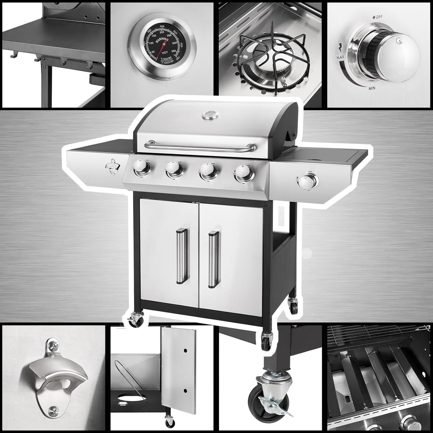 4-Burner Propane Gas BBQ Grill with Side Burner, Barbecue Gas Grill with Enameled Cast Iron Grates for Outdoor Patio Garden Barbecue, 53,000 BTU, with Stainless Steel Grill Cover