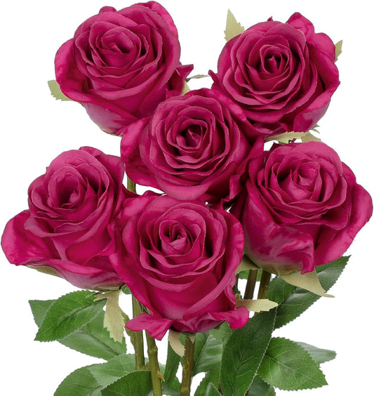 Briful Hot Pink Artificial Roses – 6PCS 18.9" Silk Rose Faux Flowers with Long Stems Realistic Fake Rose Bouquet for DIY Wedding Arrangements Table Vase Centerpieces Home Event Decor