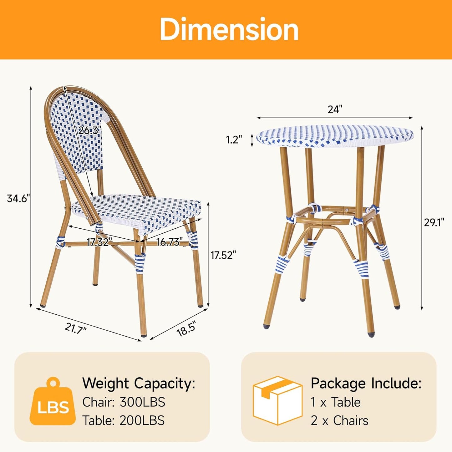 3 Piece French Wicker Bistro Set, Patio Bistro Set with Table and 2 Dining Chairs, All Weather ‎Outdoor ‎Bistro Set with Aluminum Frame, Outdoor Patio Set for Patio Porch Cafes Yard, Navy and White
