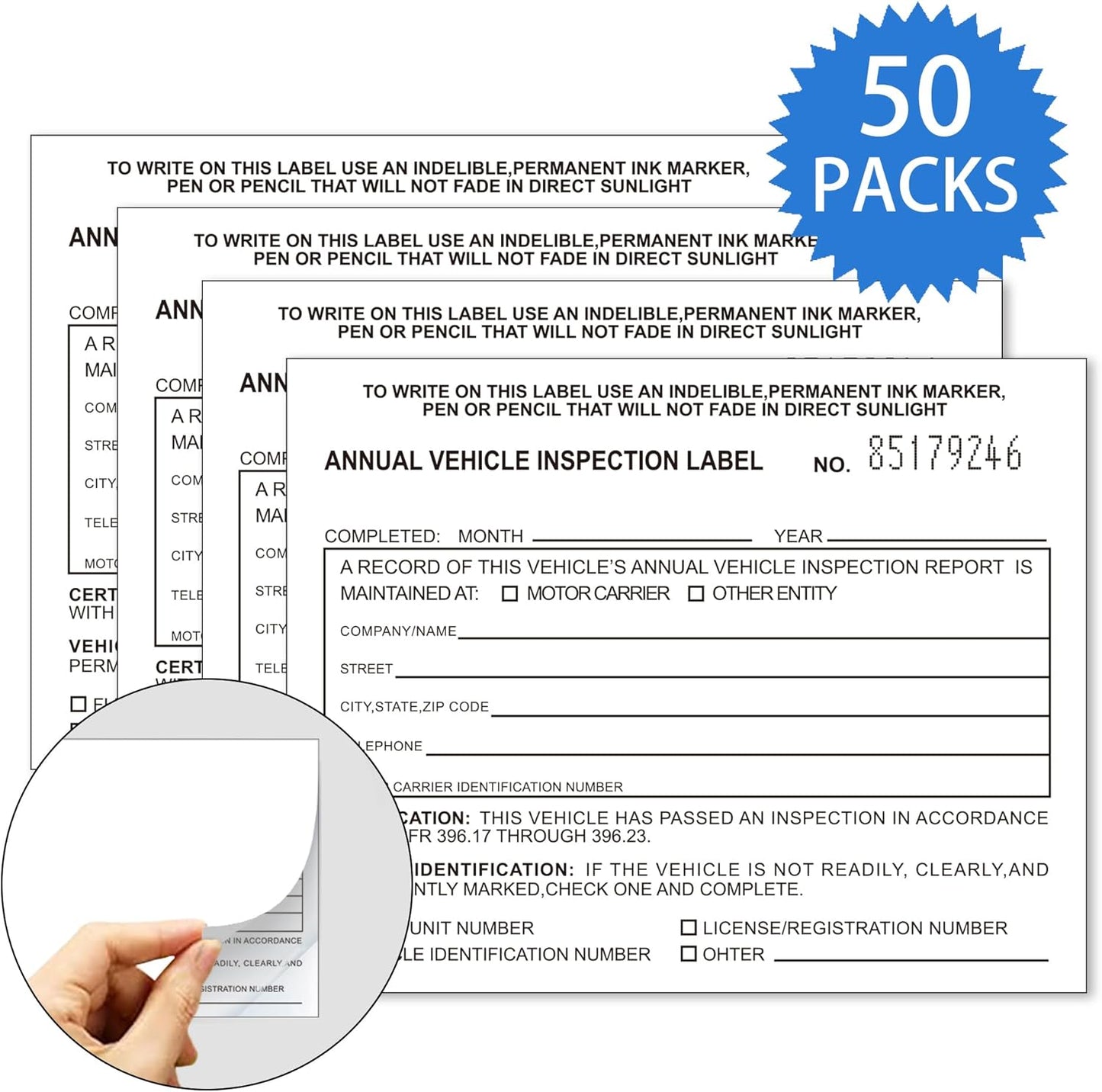Annual Vehicle Inspection Label 50 Pack Interior Vehicle Inspection 2-Ply Adhesive Vinyl with Mylar Laminate 5" x 4" Meet DOT Requirements